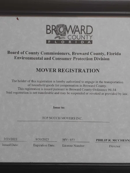 local moving license for locations in Broward